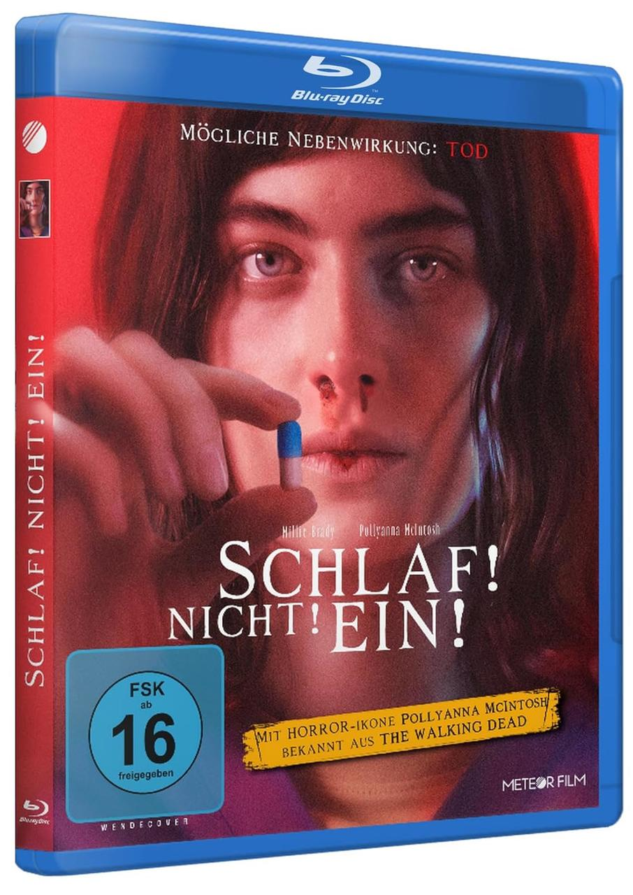 Filmcover: Person hält blaue Pille, roter Hintergrund. Titel: SCHLAF! NICHT! EIN!