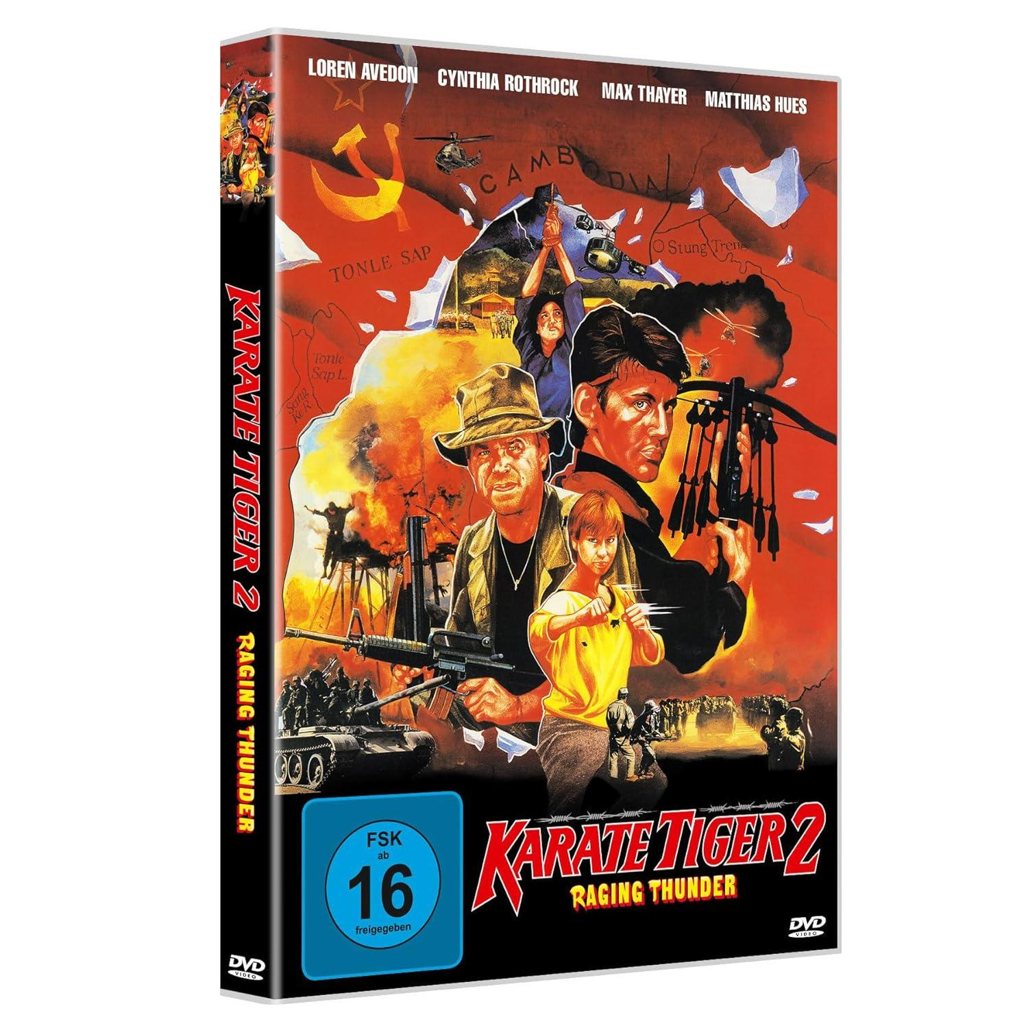 DVD-Cover für Karate Tiger 2. Zeigt Actionszenen, einen Panzer und Schauspieler. Titel und Bewertung sind hervorgehoben.