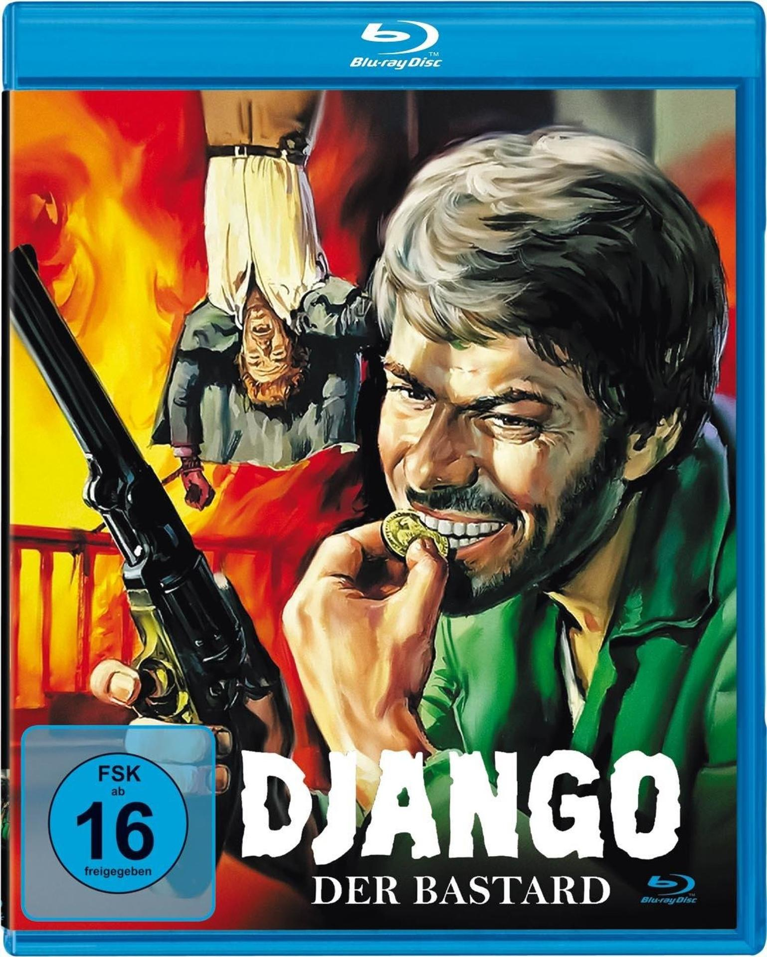 Blu-ray-Cover: Mann hält Münze, Pistole und kopfüber hängenden Mann. Titel: 'Django der Bastard'.