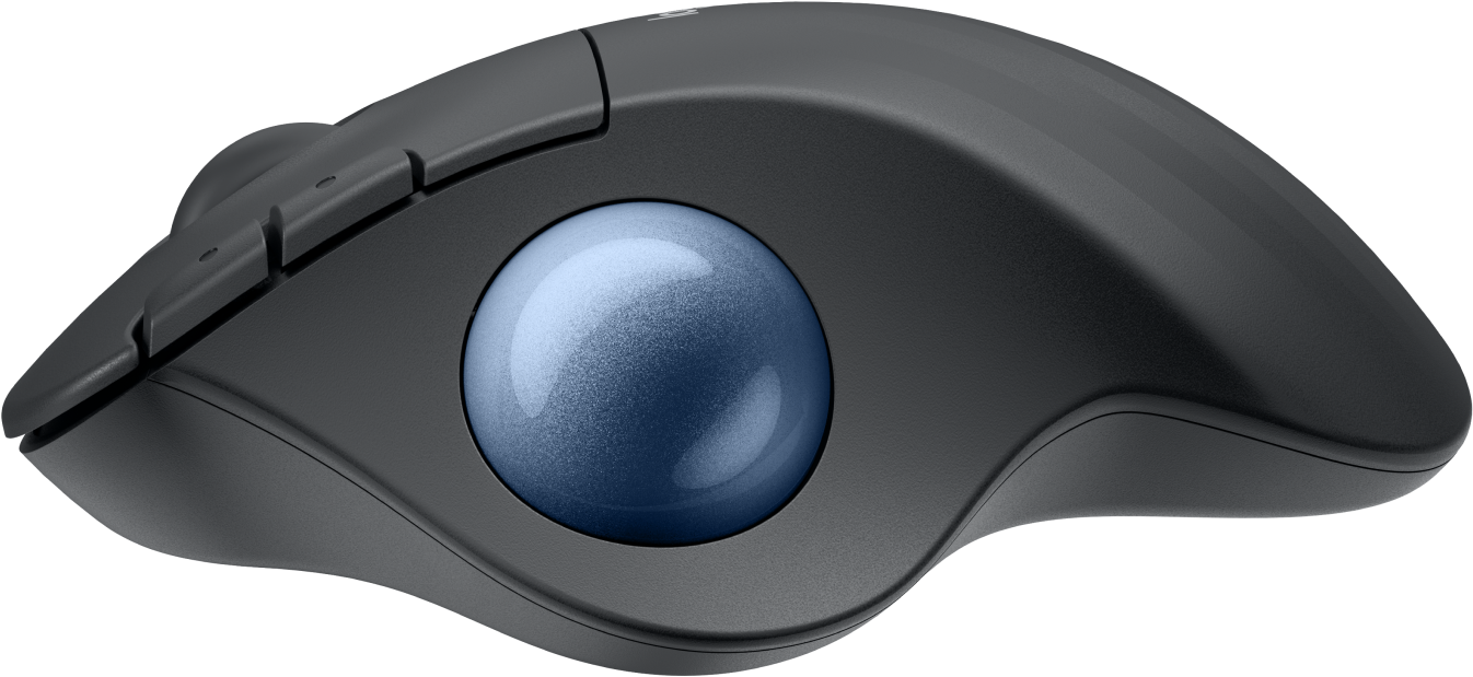 Une souris trackball ergonomique noire avec une boule bleue. La souris a plusieurs boutons.