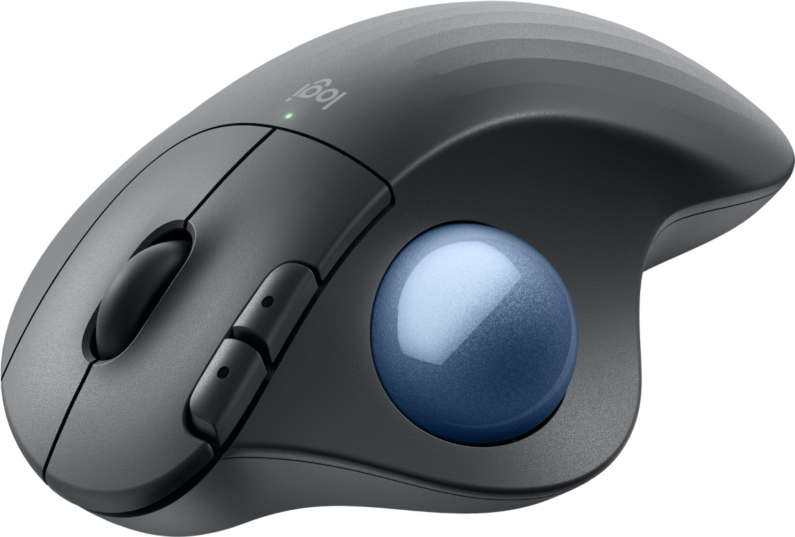 Souris d'ordinateur ergonomique noire avec une boule de commande bleue. La souris a trois boutons et un logo.
