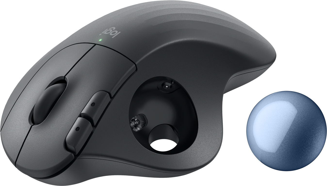Souris Logitech gris foncé avec trackball et boutons. Fond noir, vue légèrement aérienne.