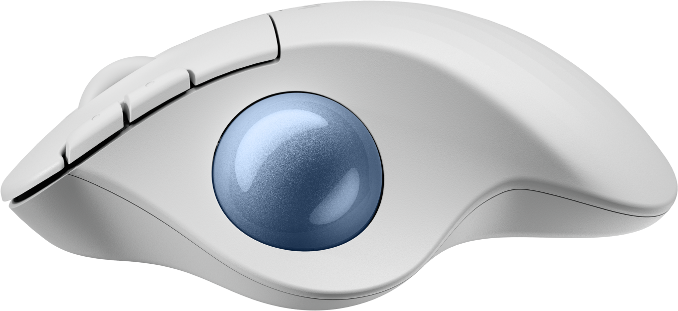 Eine weiße Logitech-Maus mit einer blauen Trackball und Seitentasten.