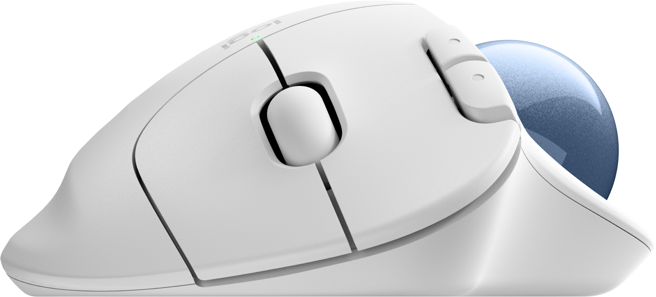 Weiße Trackball-Maus mit blauer Kugel und Tasten.