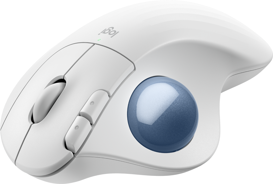 Weiße Computermaus mit blauem Trackball und drei Tasten. Die Maus befindet sich auf schwarzem Hintergrund.