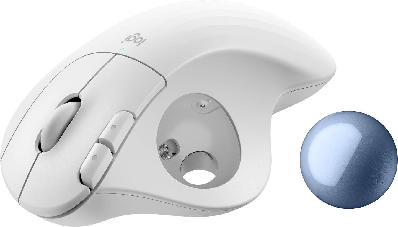 Weiße Logitech-Maus mit blauem Trackball und mehreren Tasten. Das Logitech-Logo ist sichtbar.