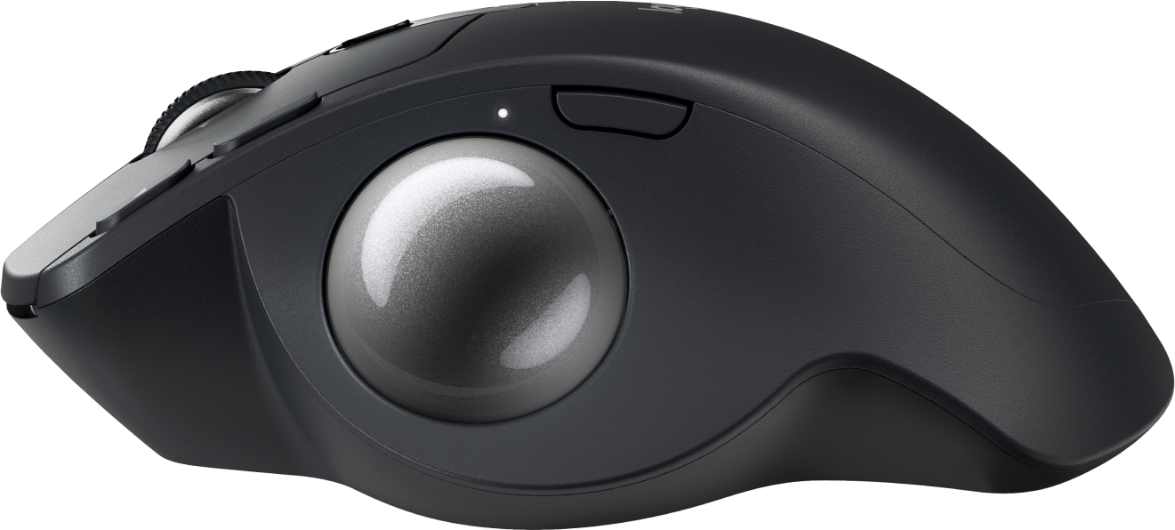Une souris trackball noire. Elle a une grande boule argentée et plusieurs boutons et une molette de défilement.