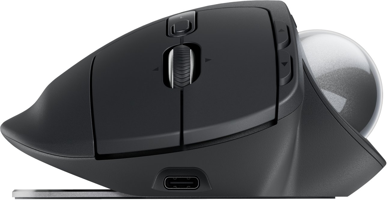 Une souris trackball ergonomique noire avec une boule argentée, plusieurs boutons et une molette.