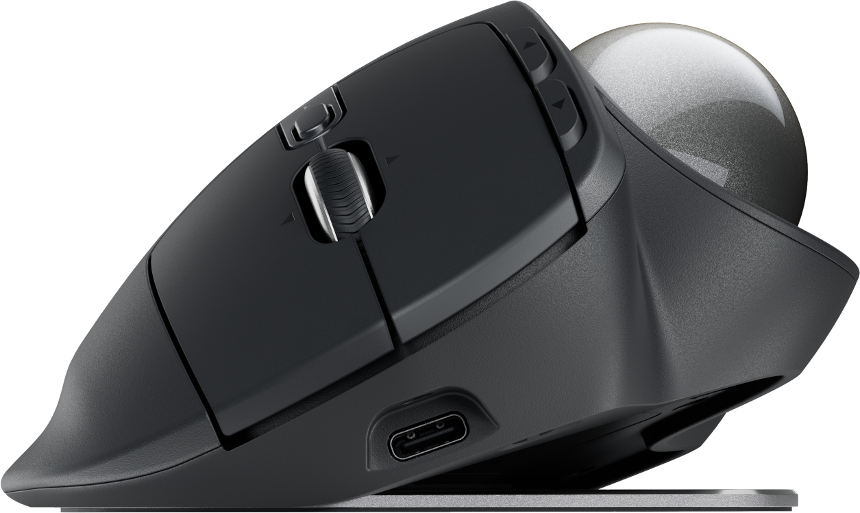 Une souris ergonomique noire avec une boule de commande grise, vue latérale.