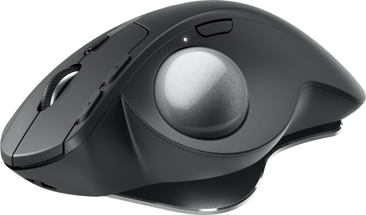 Une souris ergonomique noire avec trackball, boutons et molette de défilement visibles.