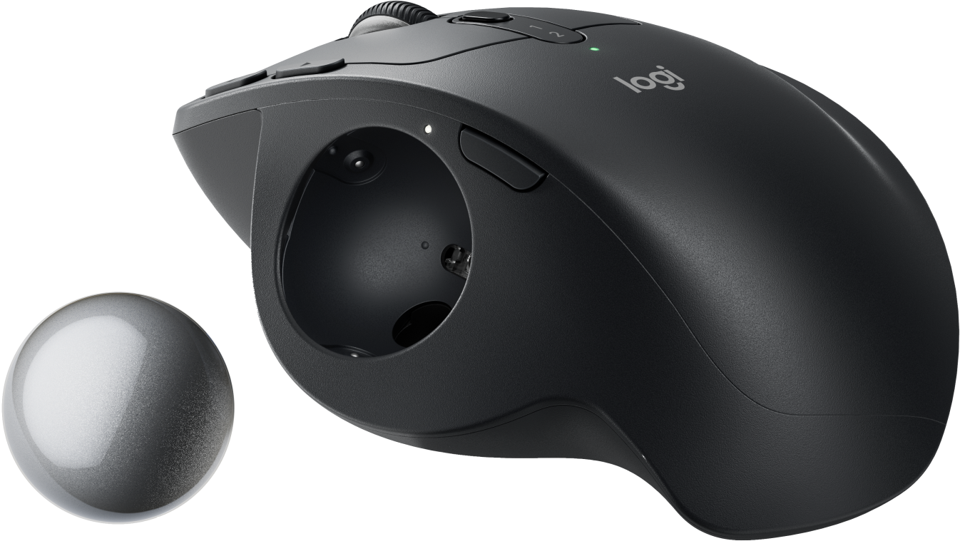 Souris Logitech noire avec une boule de commande argentée et plusieurs boutons. Le logo Logitech est visible.