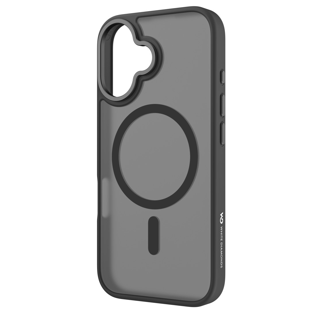 Schwarze Handyhülle mit kreisförmigem Ausschnitt für die Kamera und MagSafe-Ring.