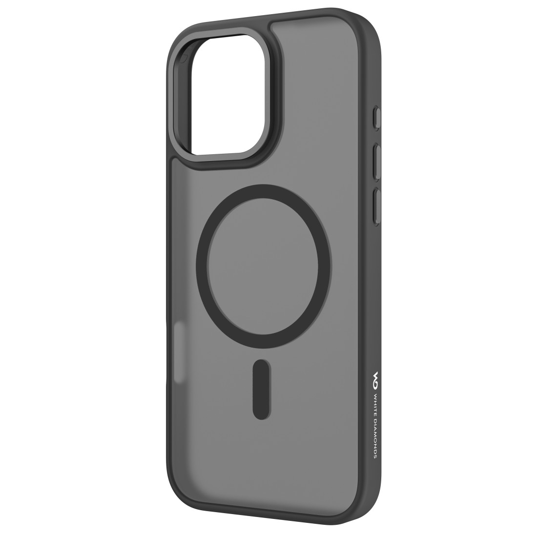 Eine schwarze, transparente Handyhülle mit einem schwarzen Kreis und einem rechteckigen Umriss.