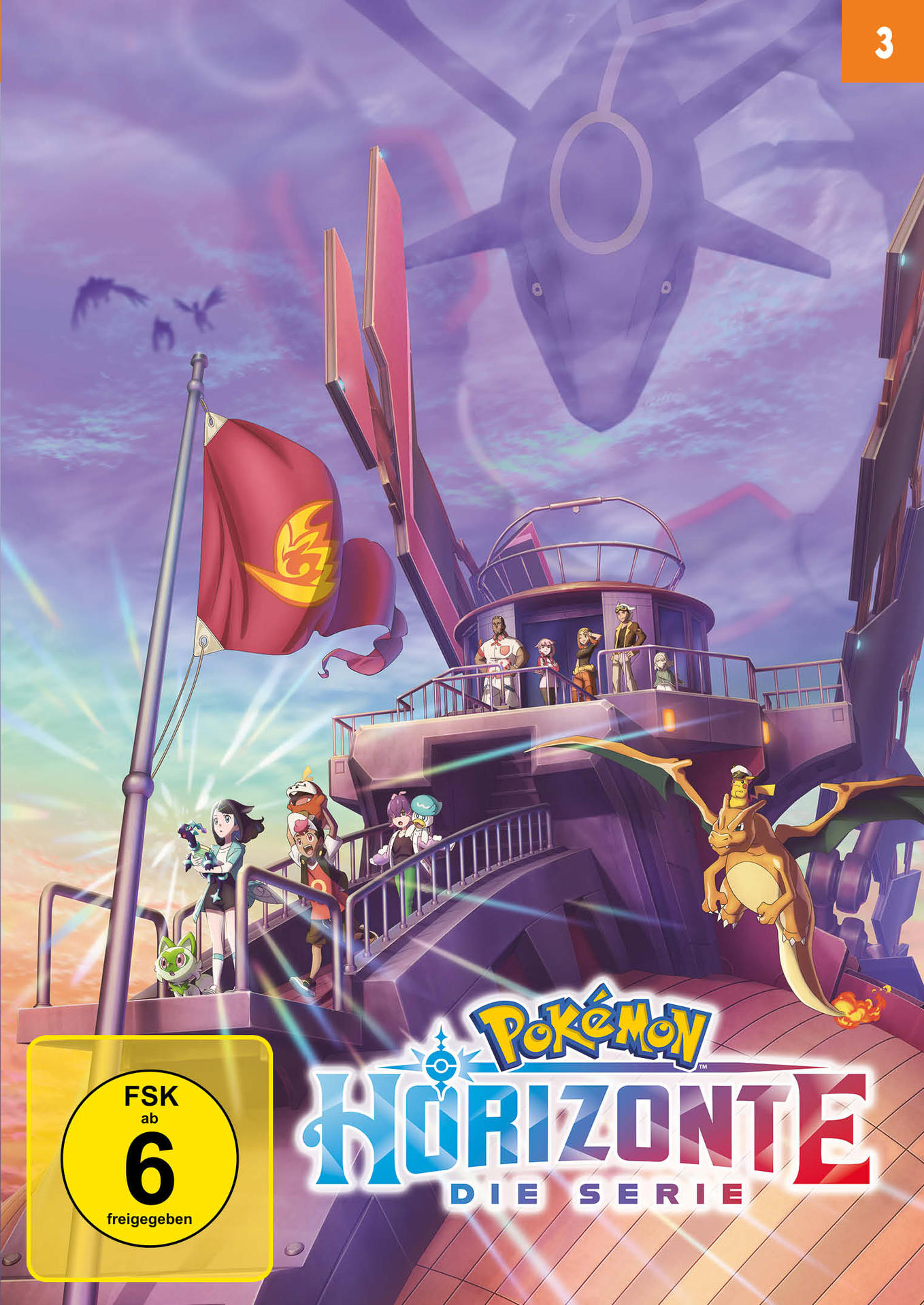 DVD-Hülle mit Zeichentrickfiguren auf einem Schiff. Titel: Pokémon Horizons. FSK 6.