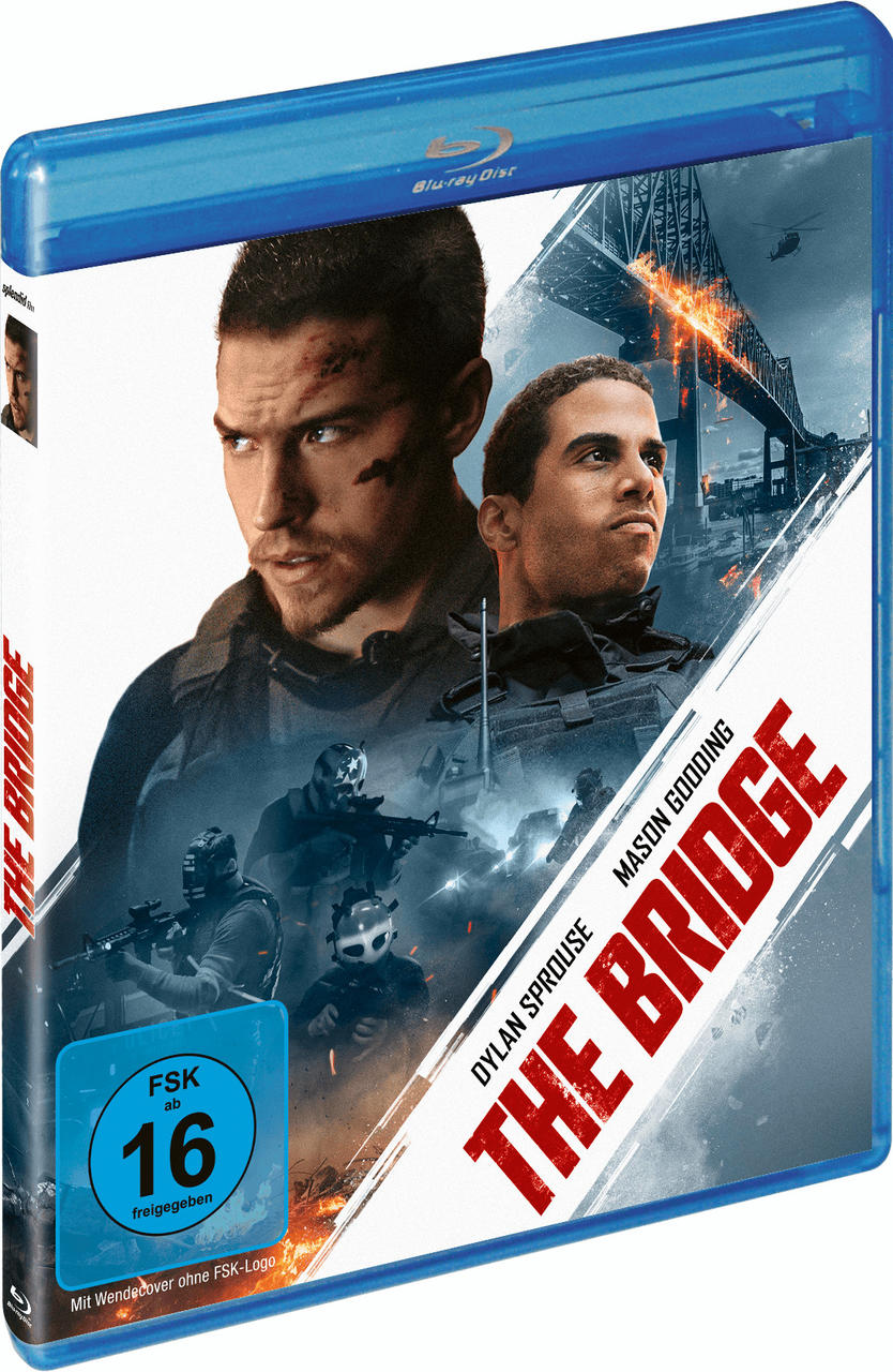 Blu-ray-Disc von 'The Bridge'. Zwei Männer auf dem Cover, mit Brücke und Militär im Hintergrund.