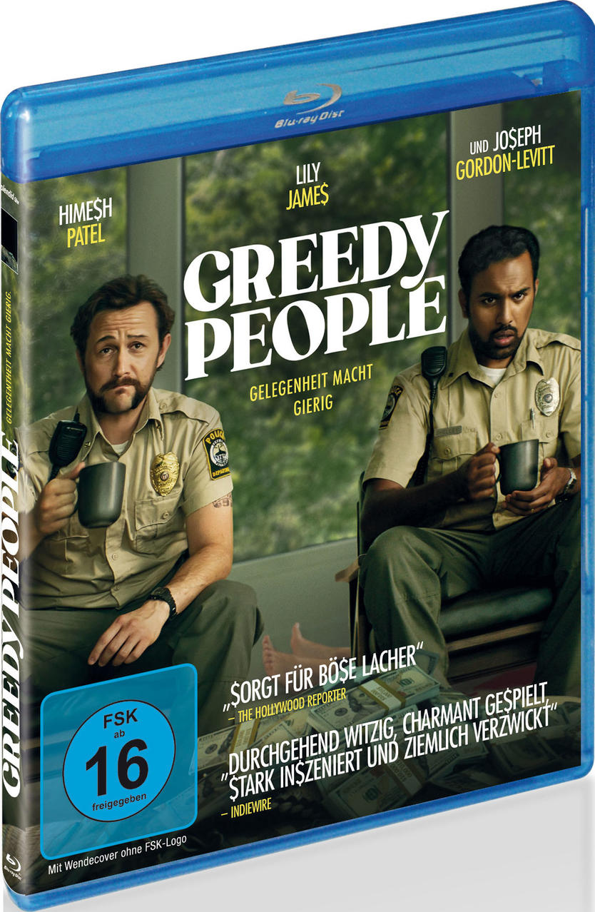 Ein Film-Blu-ray-Cover mit zwei Männern in Sheriff-Uniformen. Der Titel lautet Greedy People.