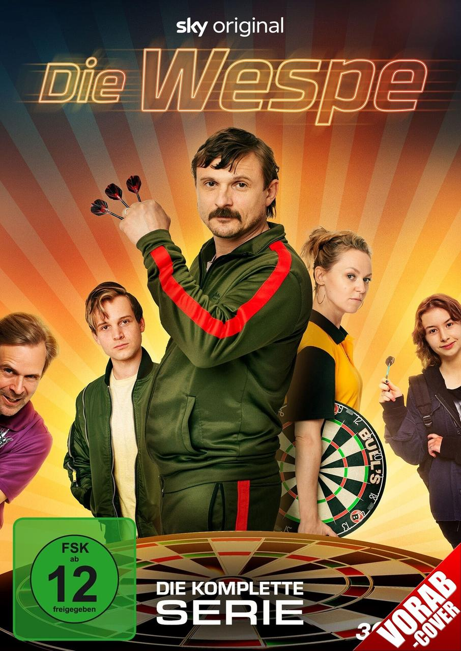 Filmposter: Mann mit Darts, andere Leute, eine Dartscheibe. Text: Die Wespe, Die Komplette Serie.