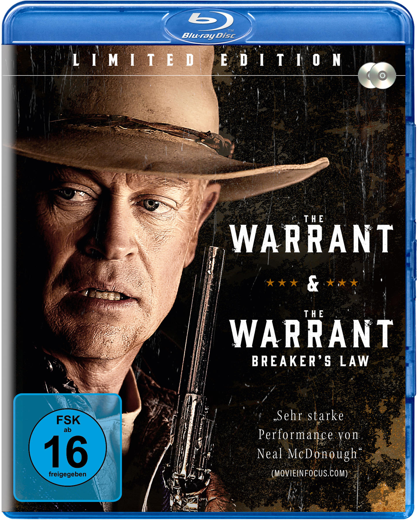 Blu-ray-Cover von 'The Warrant & The Warrant: Breaker's Law', mit einem Mann mit einer Waffe.