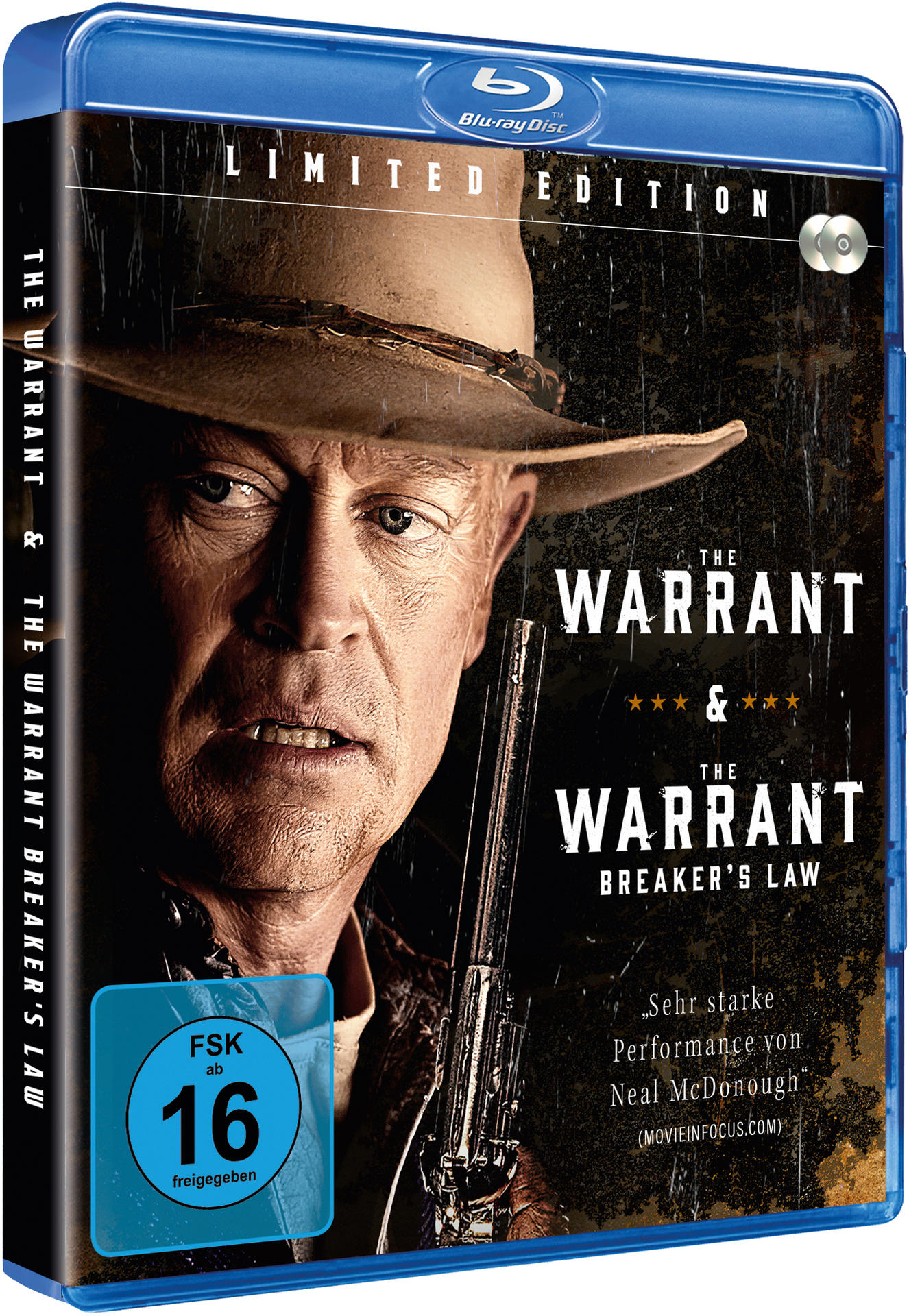 Eine DVD-Box für "The Warrant & The Warrant Breaker's Law" mit einem Mann mit einer Waffe auf dem Cover.
