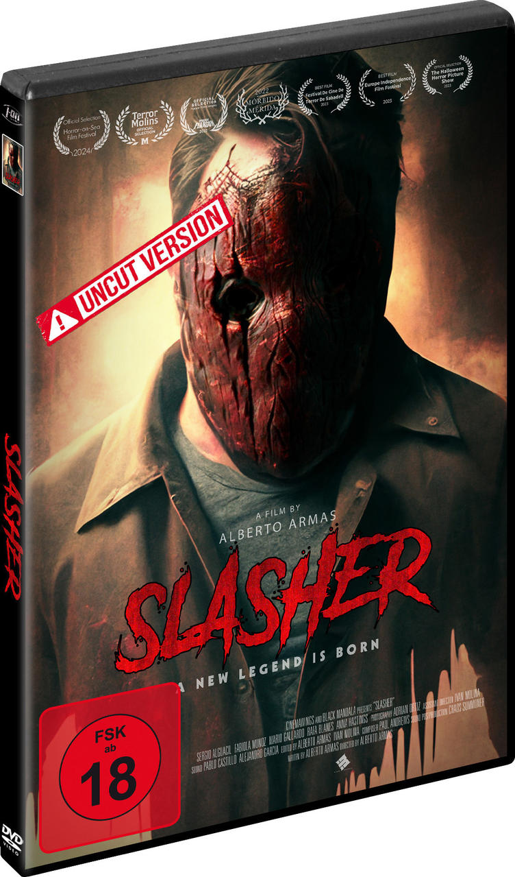 DVD-Hülle für 'Slasher' mit maskiertem Gesicht auf dem Cover, markiert 'Uncut Version'.