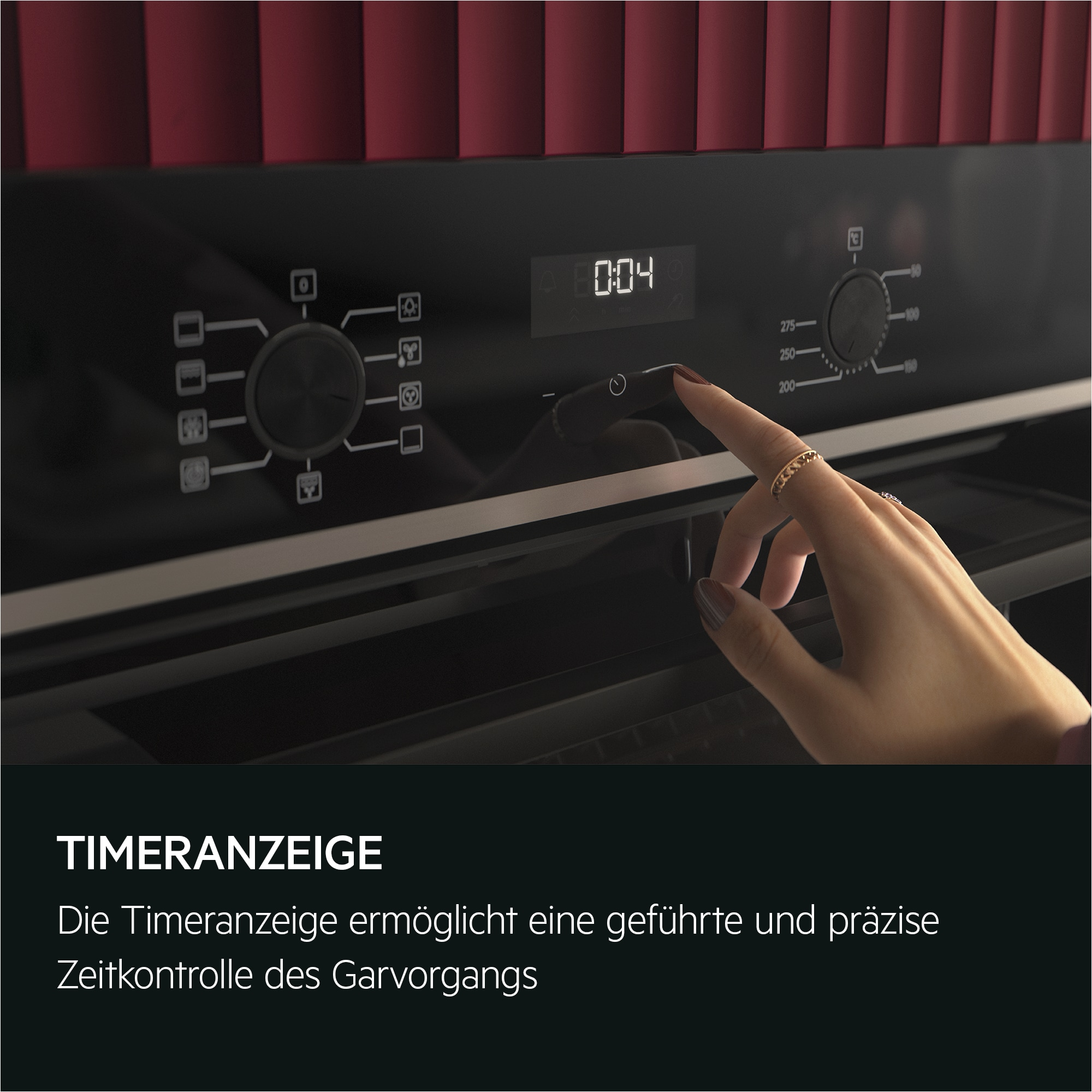 Eine Hand berührt den Timer des schwarzen Ofens. Der Timer zeigt 0:04 an.