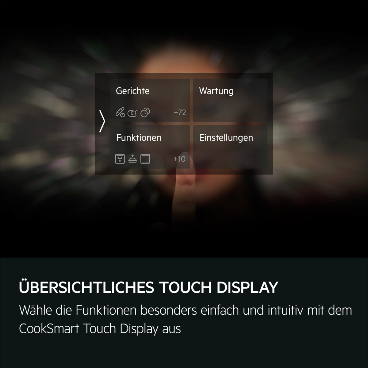 Ein Display zeigt Einstellungsoptionen wie Gerichte, Einstellungen und Funktionen.