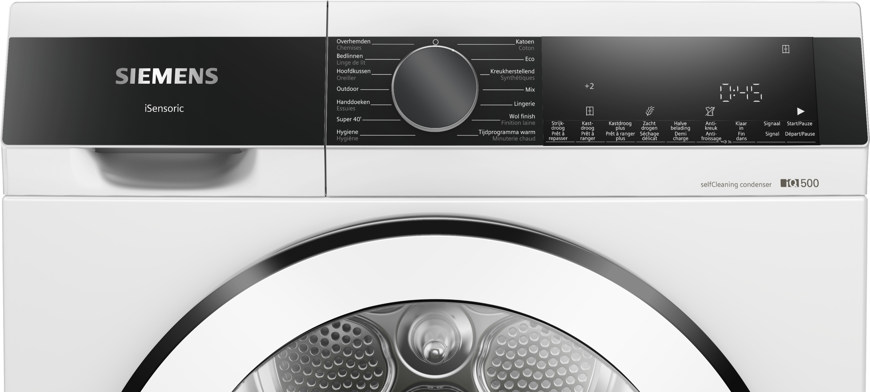 Close-up of a white washing machine control panel with a dial and display.