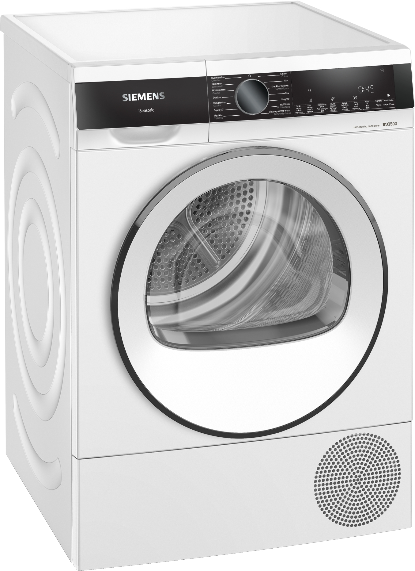 White Siemens dryer. Front view. Features a black control panel and a round door.