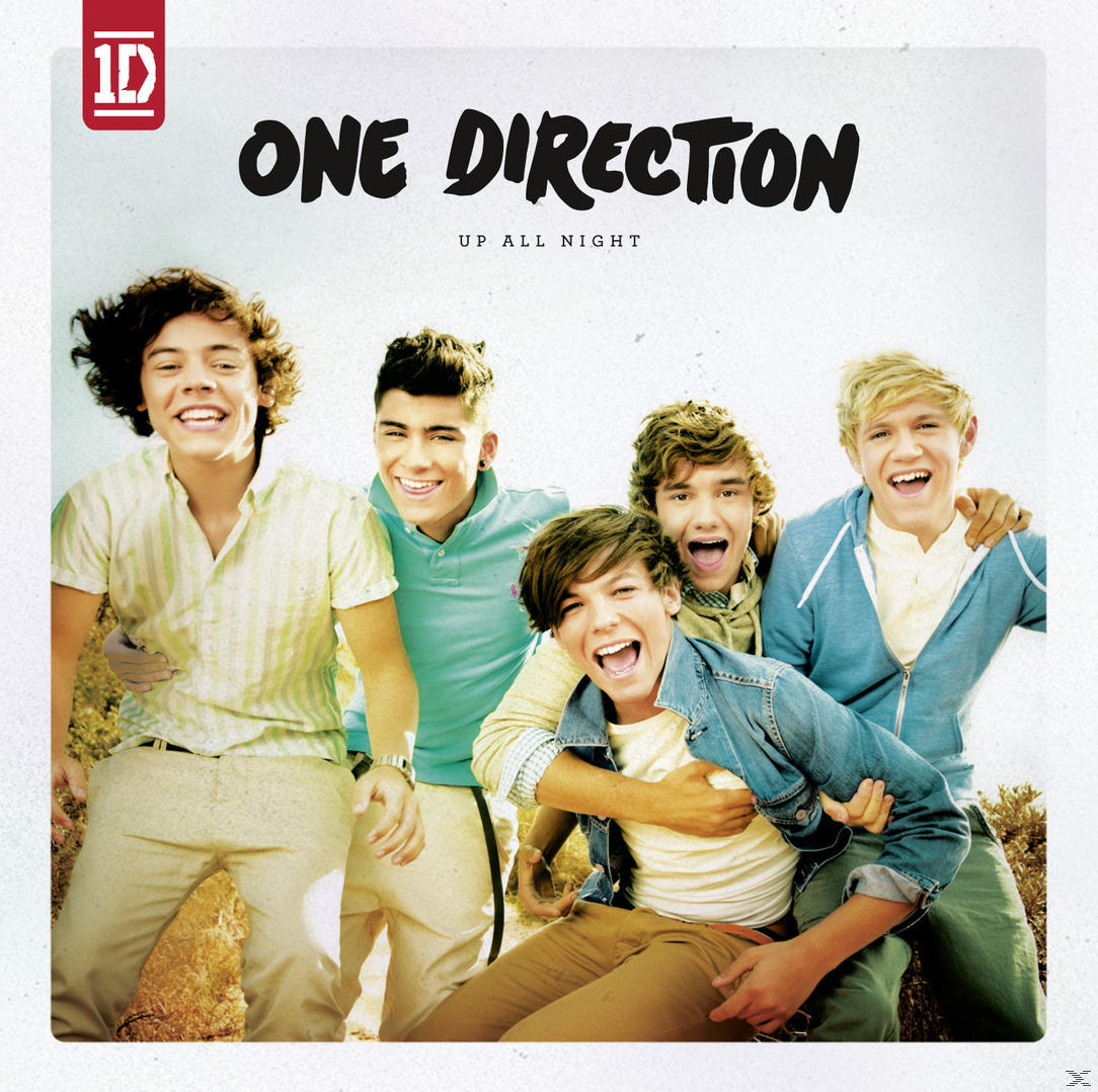 Album borító, One Direction: Up All Night. Öt fiatal mosolyog és nevet homályos háttér előtt.
