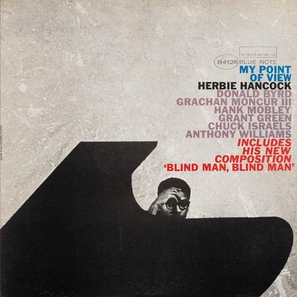 Pochette d'album pour 'My Point of View' de Herbie Hancock, avec un piano et un homme.
