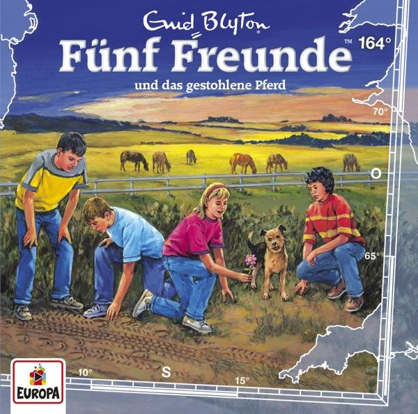 Buchcover mit Kindern auf einem Feld und Pferden. Der Titel lautet 'Fünf Freunde'.