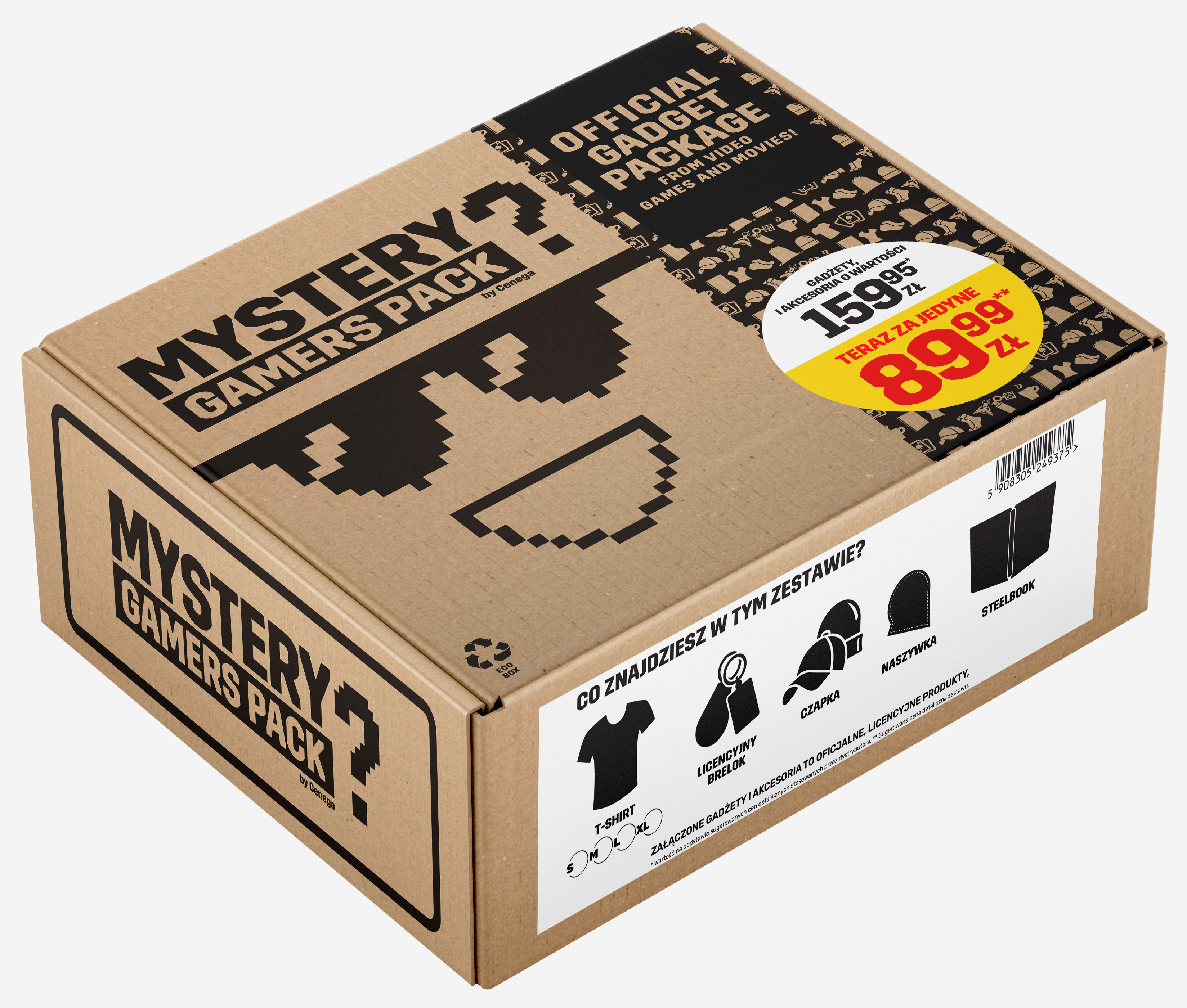 Kartonowe pudełko z napisem 'Mystery Gamers Pack' z naklejką cenową.
