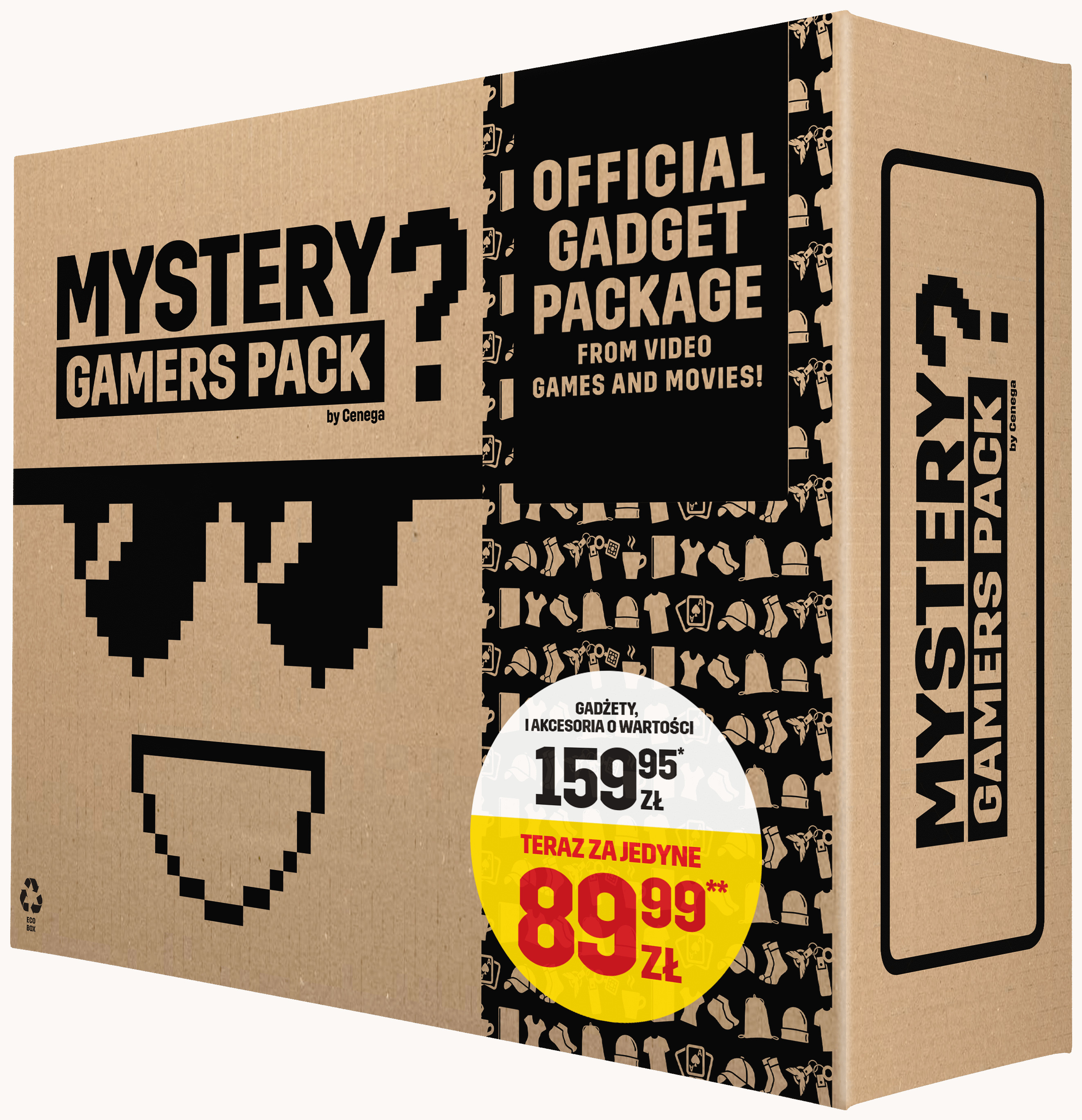 Pudełko Mystery Gamers Pack z twarzą z kreskówki, tekstem i różnymi ikonami.