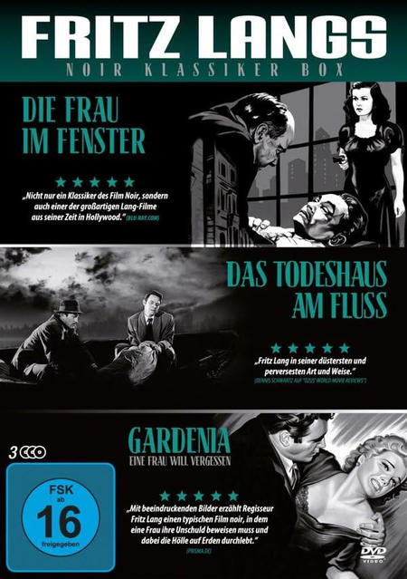Filmposter, drei Szenen aus verschiedenen Filmen. Der Titel lautet 'Fritz Langs Noir Klassiker Box'.