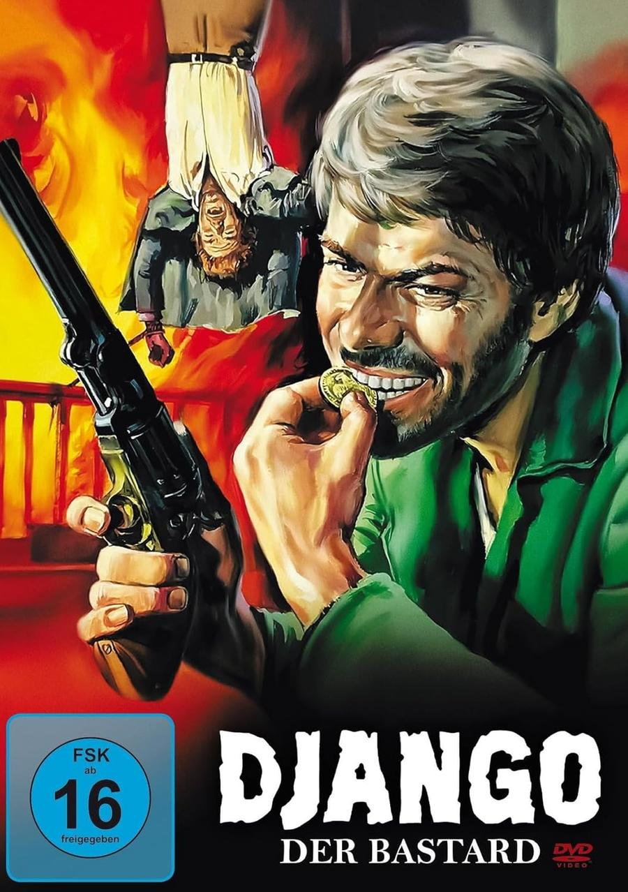 Filmposter: 'Django der Bastard'. Ein Mann hält eine Pistole, ein anderer hängt kopfüber.