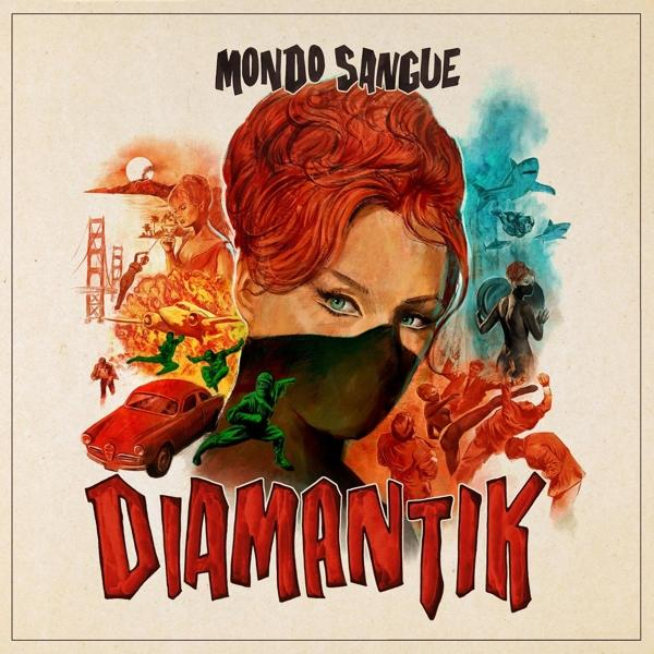 Albumcover: 'Diamantik'. Frau mit roten Haaren und Maske, umgeben von Actionfilm-Elementen.