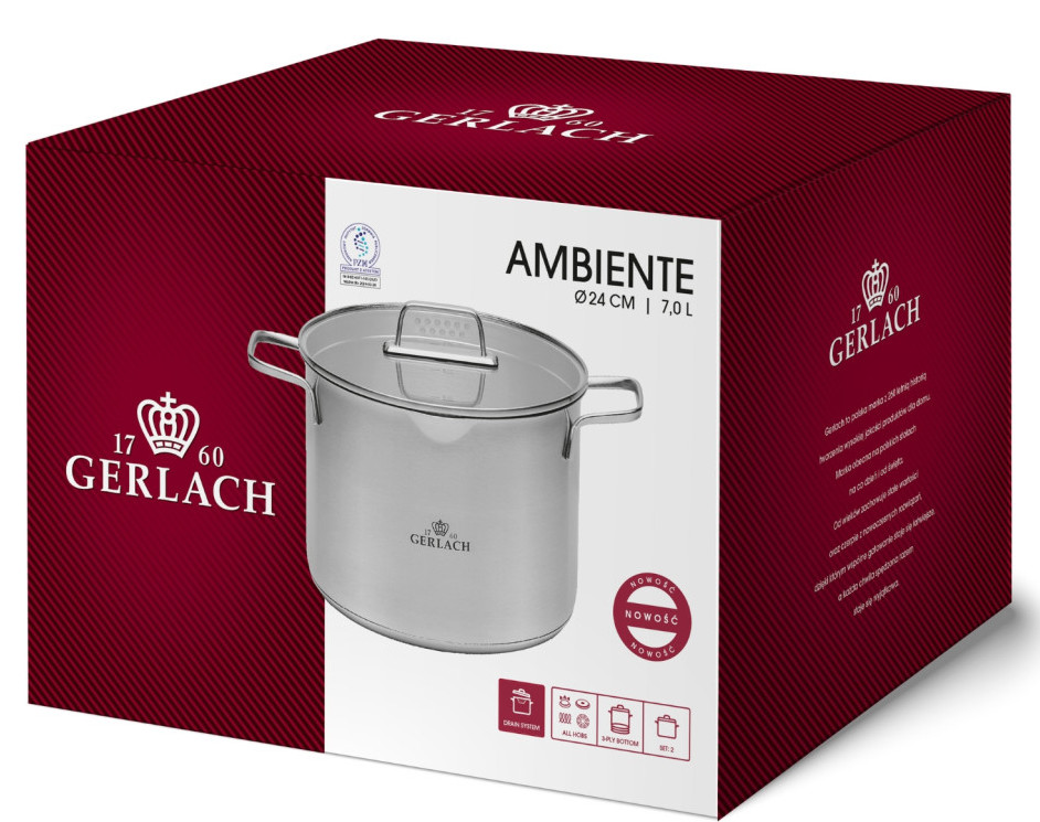 Czerwone i brązowe pudełko. Srebrny garnek w środku. Tekst: Ambiente.