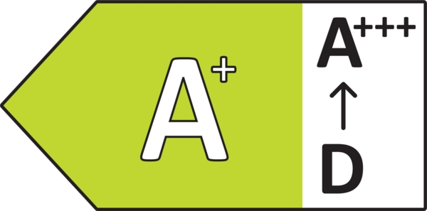 Energieeffizienzlabel mit einer A+-Bewertung und einem Pfeil, der auf D zeigt.