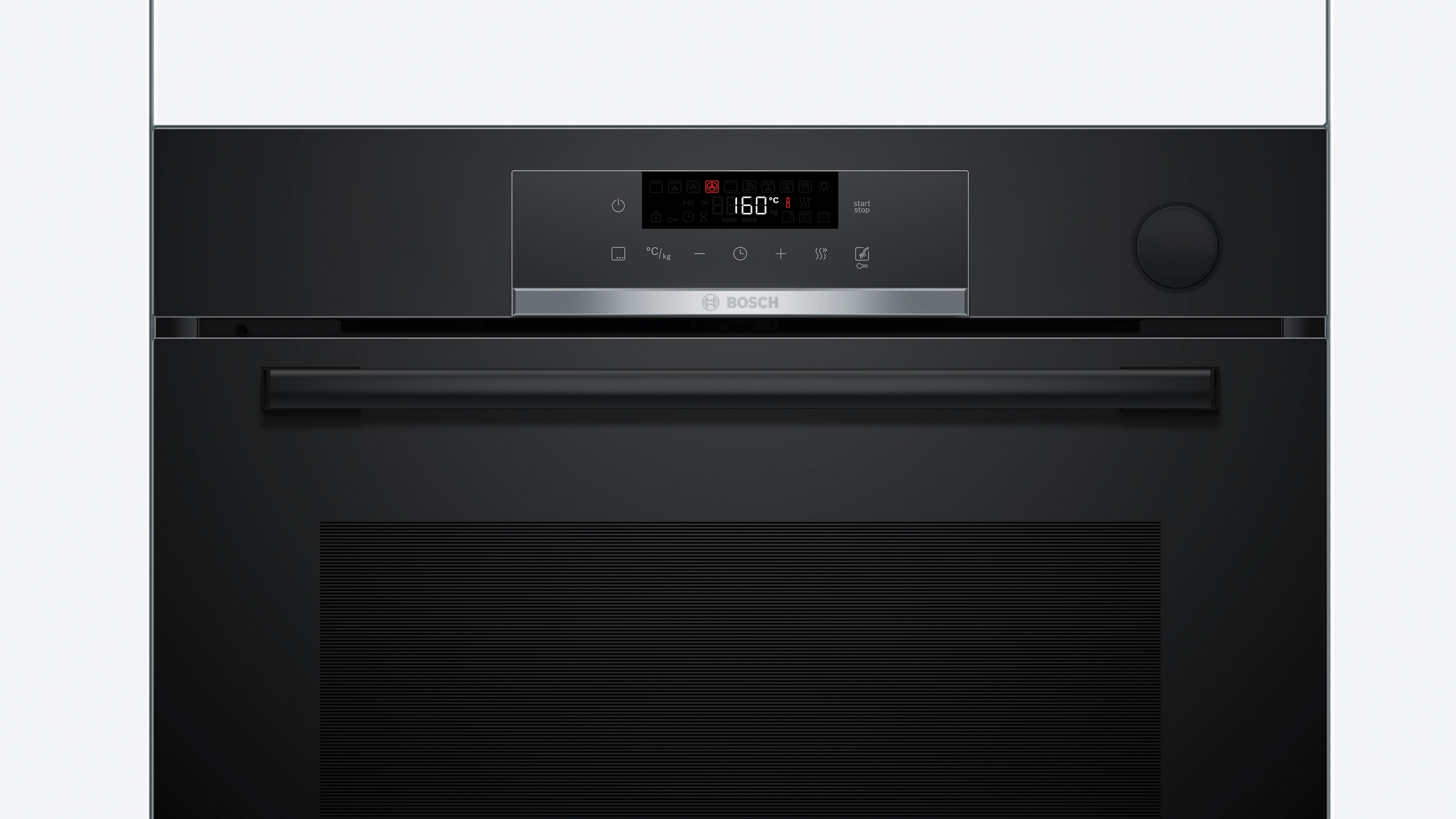 Schwarzer Ofen mit Digitalanzeige, die 160°C anzeigt. Merkmale sind Knöpfe, ein Griff und das Bosch-Logo.
