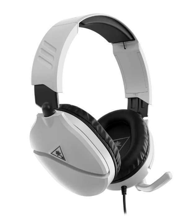Białe słuchawki do gier z mikrofonem, czarnymi akcentami i logo Turtle Beach.