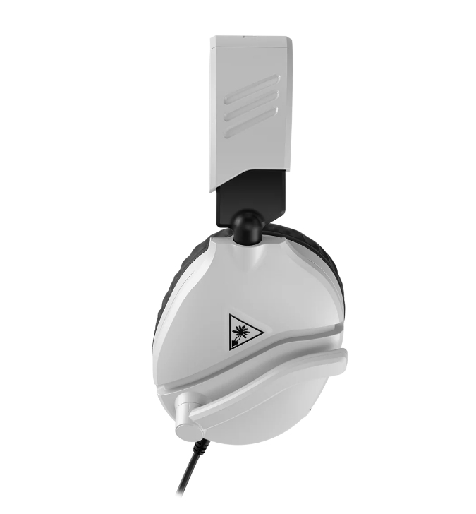 Biało-czarny zestaw słuchawkowy z mikrofonem, widok z boku.