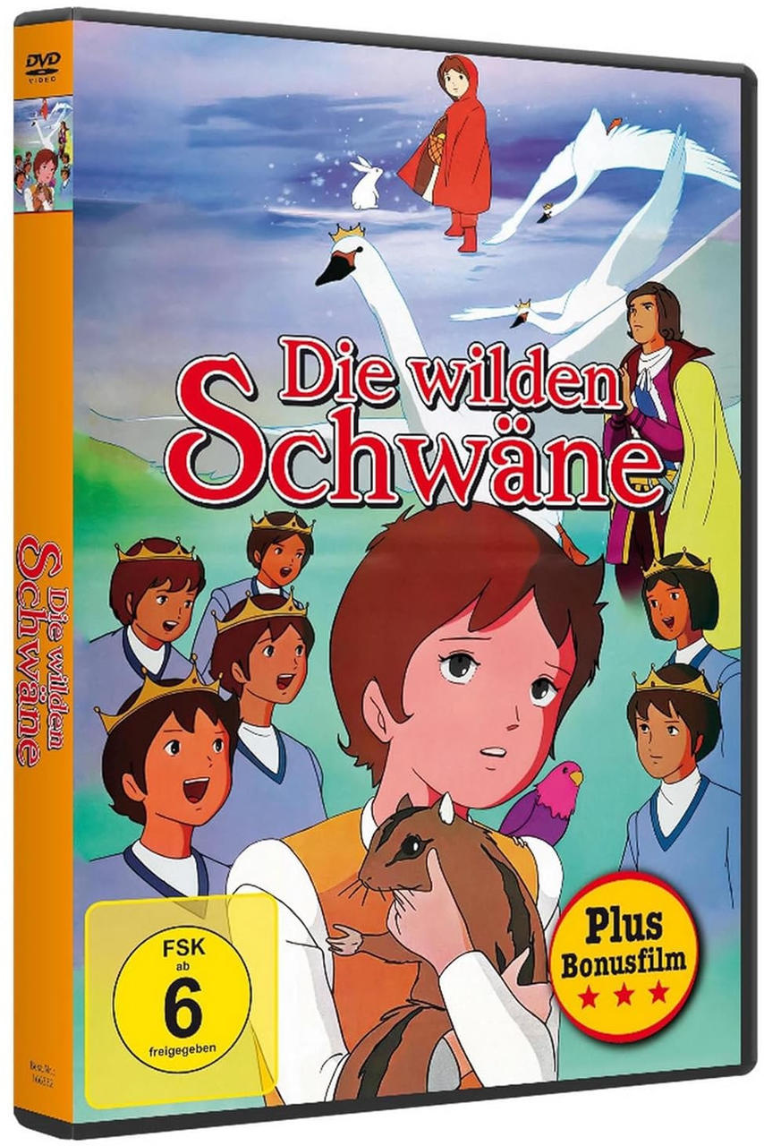 DVD-Cover mit animierten Figuren aus 'Die wilden Schwäne'.