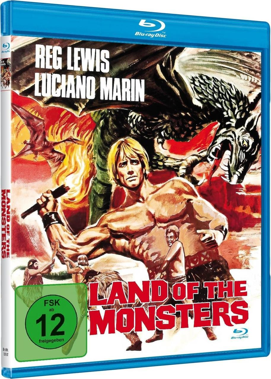 Filmcover: Mann mit Waffe, Monster im Hintergrund, Titel 'Land of the Monsters'.
