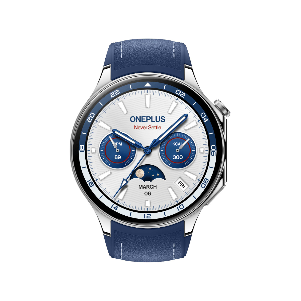 Smartwatch OnePlus z niebieskimi paskami. Biała tarcza zegarka. Czarna tarcza. Białe tło.
