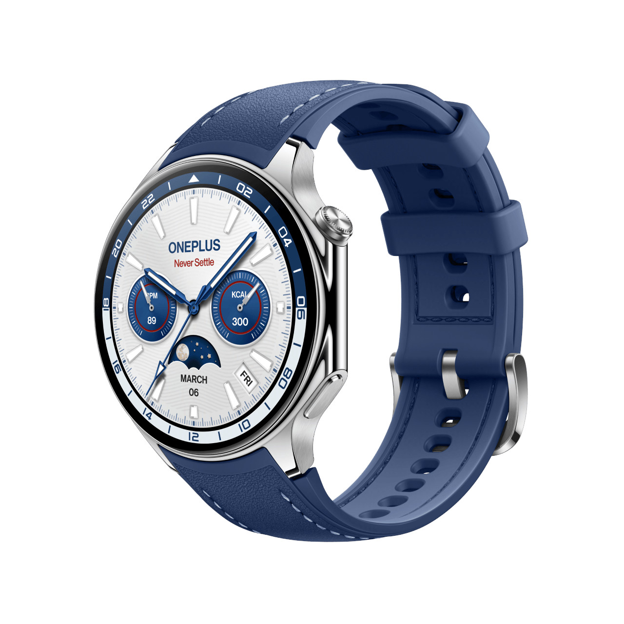 Srebrny i niebieski smartwatch z niebieskim paskiem jest ustawiony pod kątem. Tarcza zegarka wyświetla czas, dane i fazę księżyca.