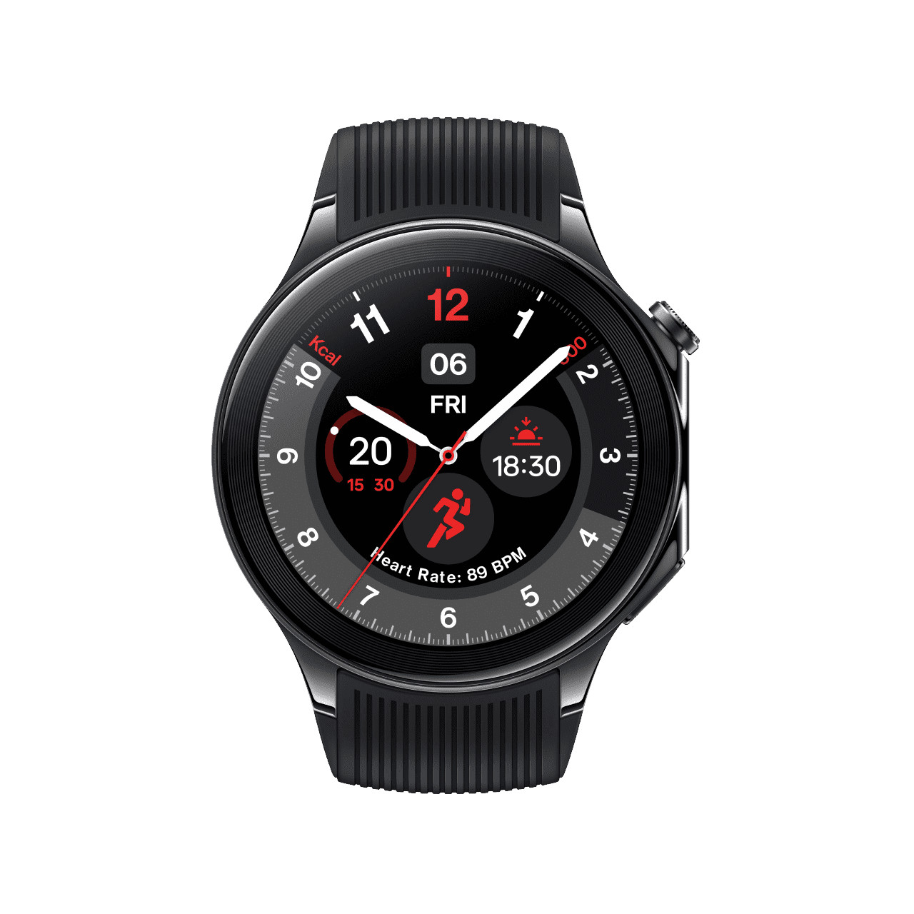 Czarny smartwatch wyświetlający czas, tętno i inne dane na czarnym pasku.