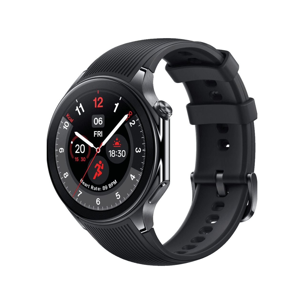 Czarny smartwatch z czarnym paskiem, wyświetlający godzinę i tętno.