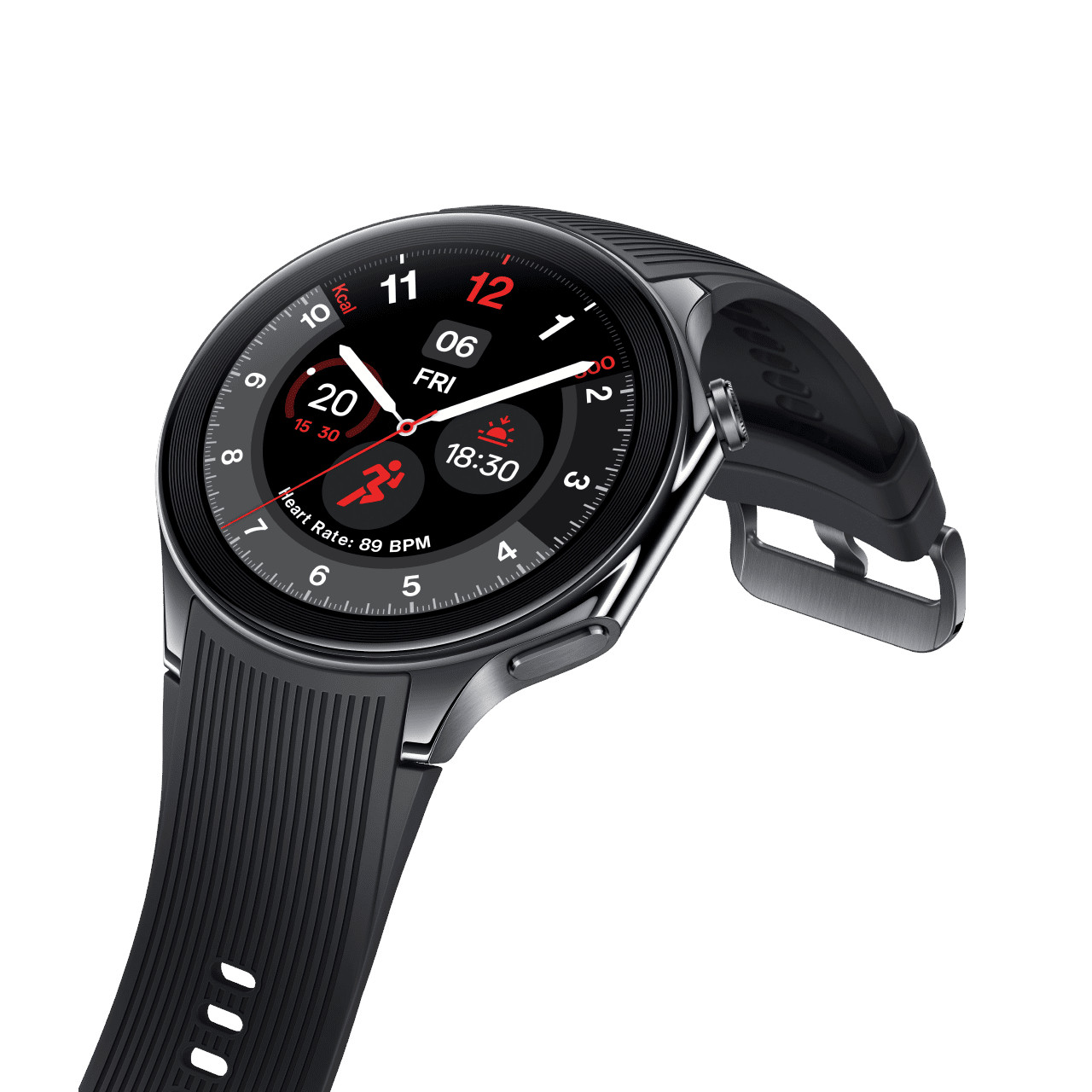 Czarny smartwatch z okrągłym wyświetlaczem. Pasek również jest czarny.