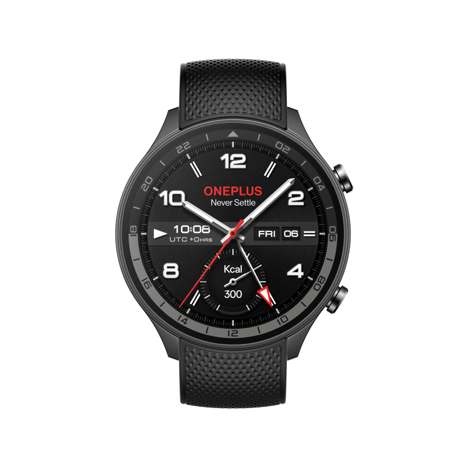 Czarny smartwatch OnePlus z czarnym paskiem. Godzina to 10:06.