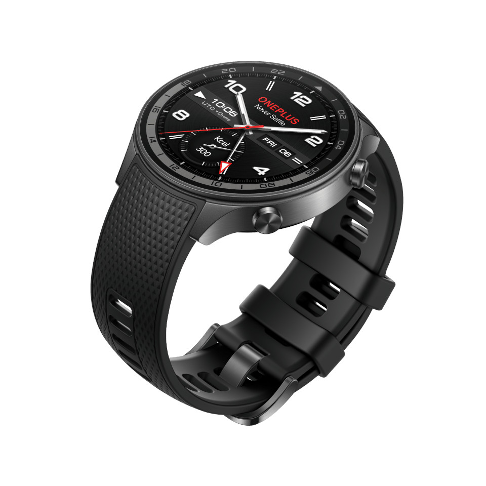 Czarny smartwatch z paskiem, pokazujący czas i statystyki.